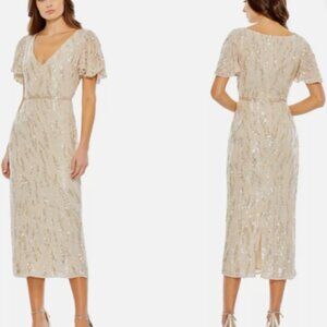 MAC DUGGAL 93591 SEQUINED V-NECK FLUTTER SLEEVE TEA LENGTH OYSTER SHEAT DRESS 8